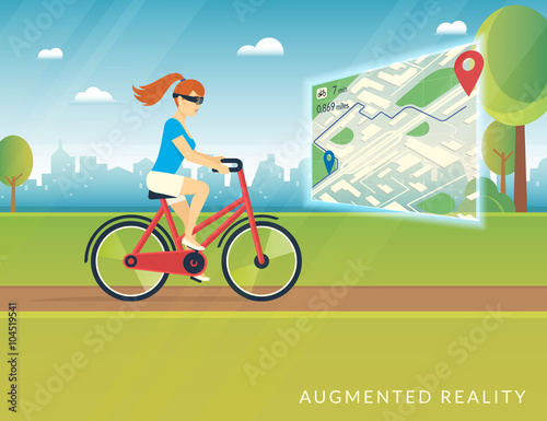 Young woman riding a bicycle in the park and wearing head mounted glasses to see a bicycle path on the mobile augmented reality map. Conceptual futuristic illustration of using portable screens 