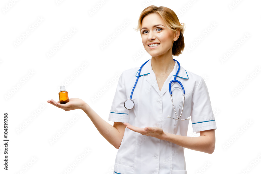 Woman doctor standing on white background