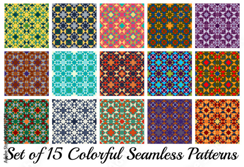 Set of 15 multicolored fashionable geometric seamless patterns with triangle and square shapes