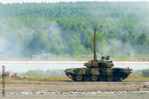 Nizhniy Tagil, Russia - July 12. 2008: T80 tank with equipment for speeding up of water crossing. Russia Arms Expo exhibition