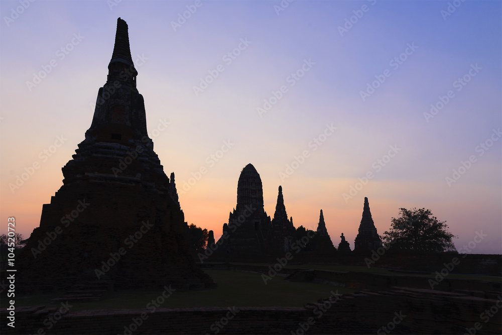 the silhouette temple in the twilight scene at the Ayuthaya world heritage ,Thailand
