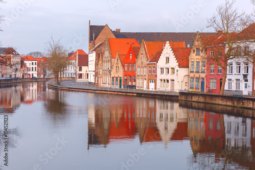 Scenic city view of Bruges canal with beautiful medieval houses  Belgium