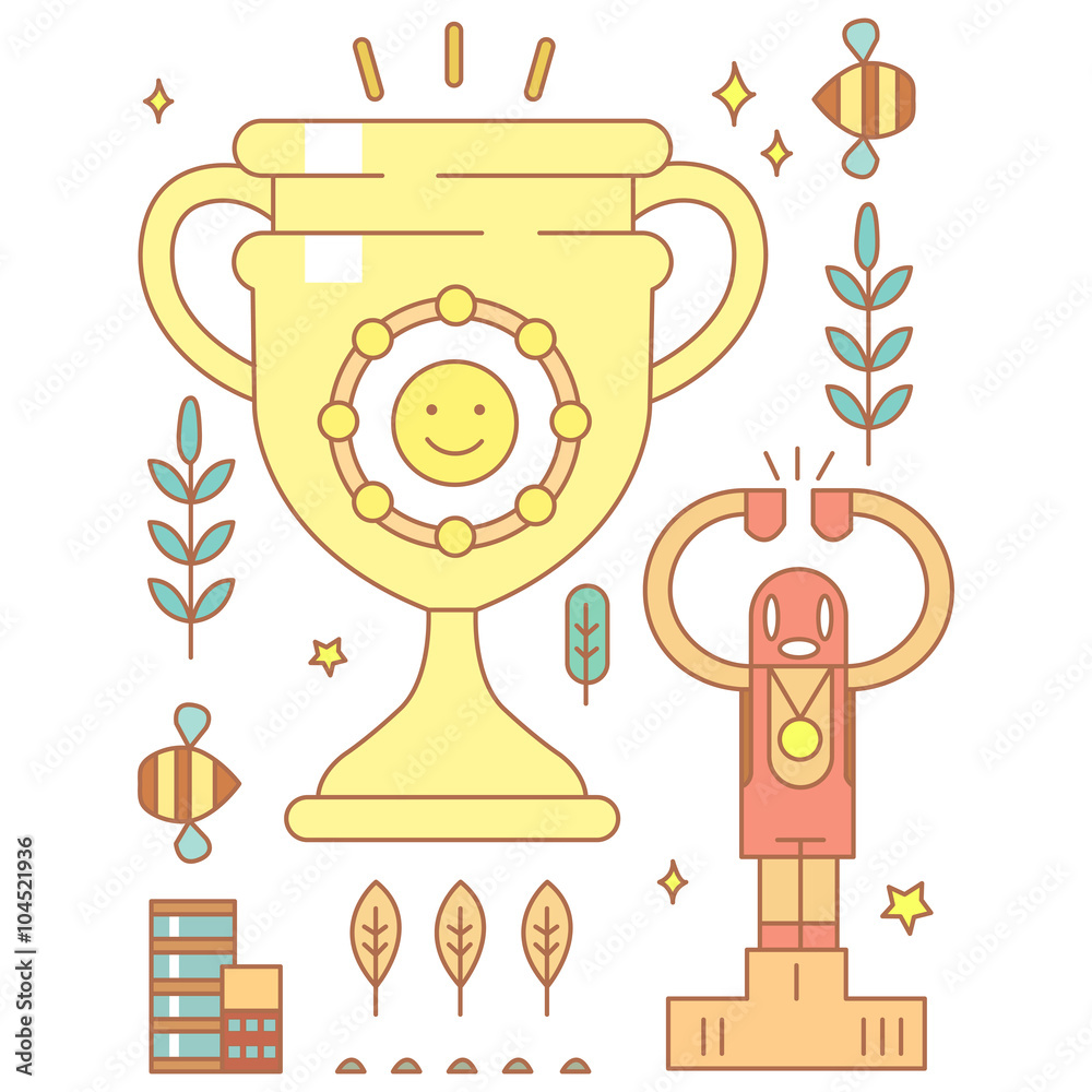 Naklejka premium Character in cartoon style with smiley golden cup for winners.