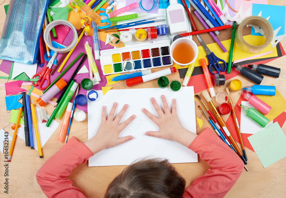 Fototapeta premium Child drawing top view. Artwork workplace with creative accessories. Flat lay art tools for painting.