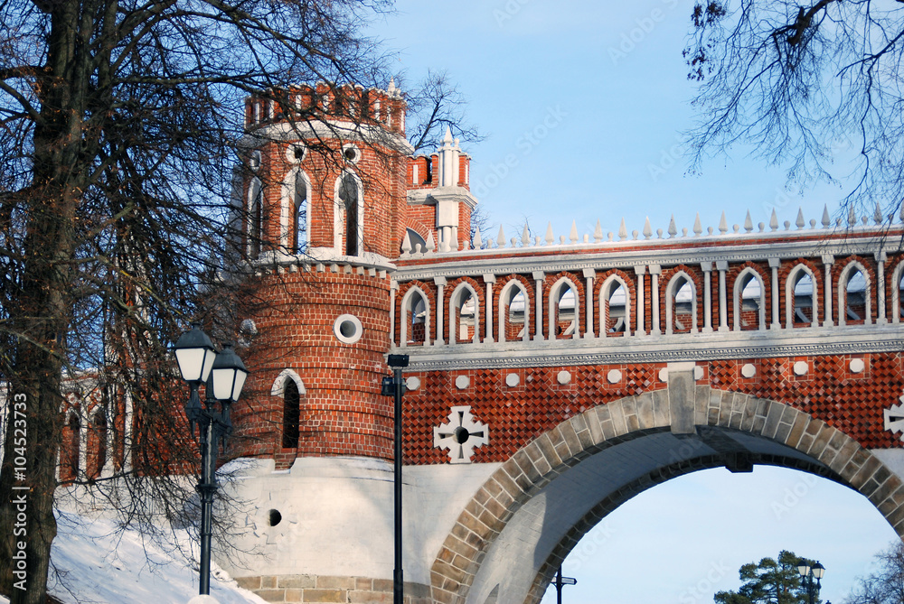 Architecture of Tsaritsyno park in Moscow. Color photo.