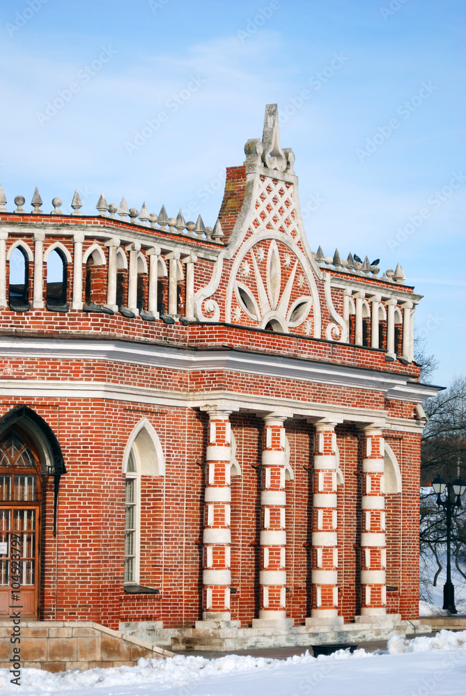 Architecture of Tsaritsyno park in Moscow. Color photo.