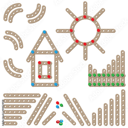 Wooden constructor set pieces on white background