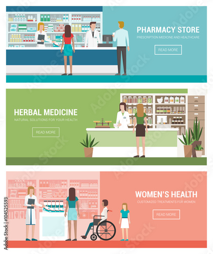 Healthcare, pharmacy and medicine banner set with doctors and patients: pharmacy and herbalist's shop