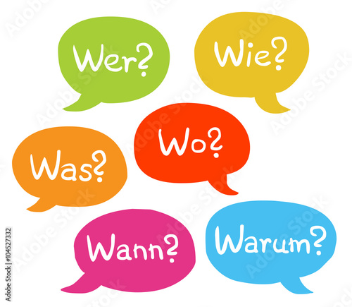 Bunte Sprechblasen: Wer? Wie? Was? Wo? Wann? Warum? / Vektor, handgezeichnet, freigestellt