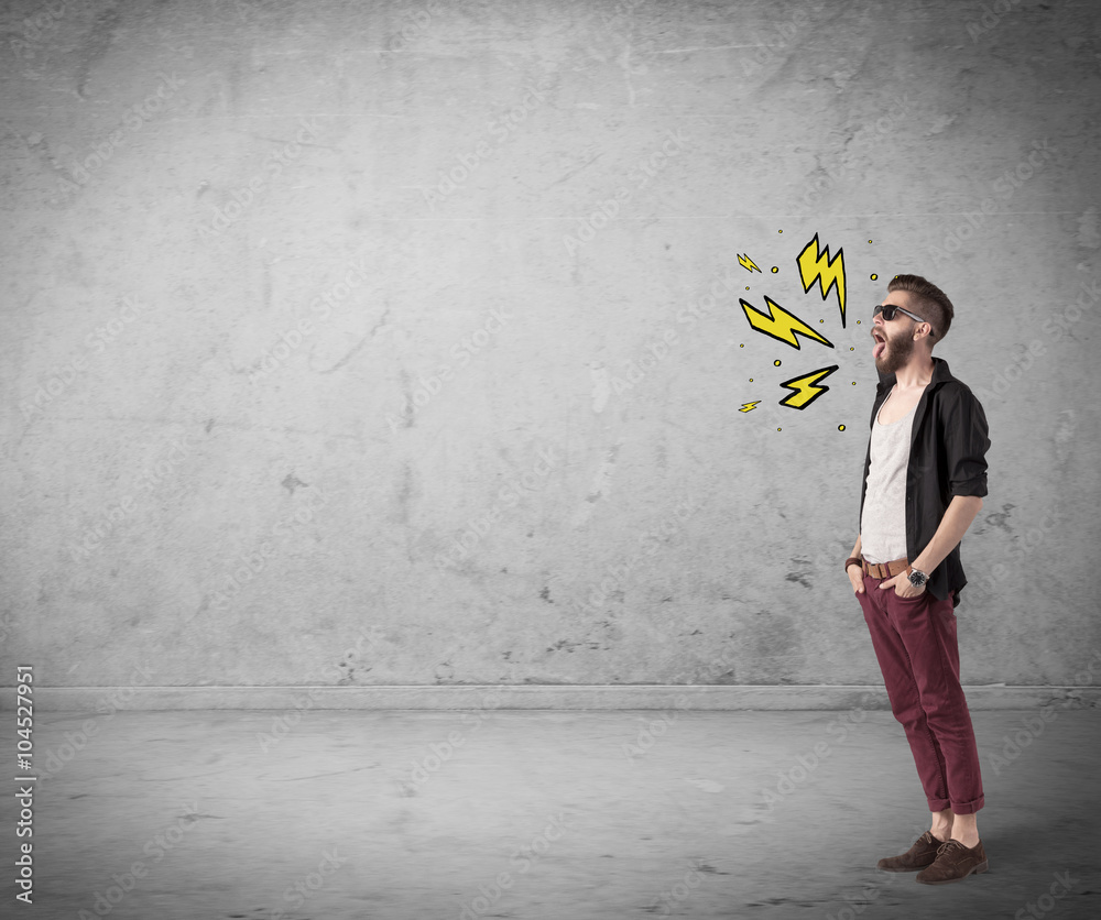 Funny hipster in fashion clothing shouting Funny hipster in fashion clothing shouting