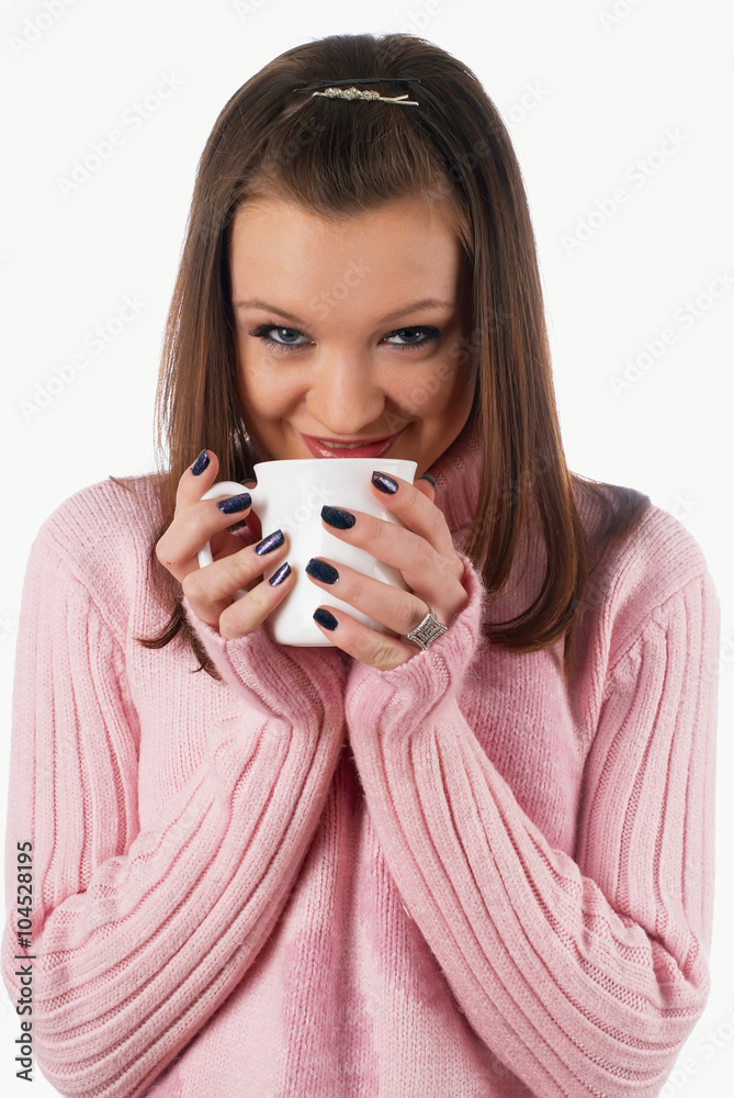 Young beautiful woman with white cup over isolated background Young beautiful woman with white cup over isolated background