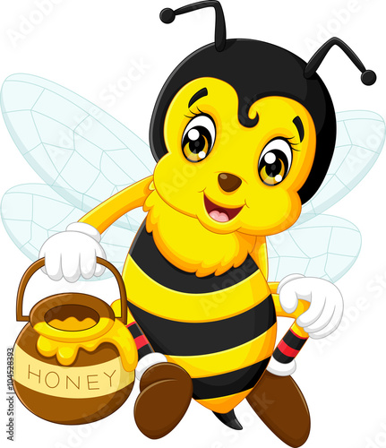 cartoon cute bee handling honey pot isolated white background. 