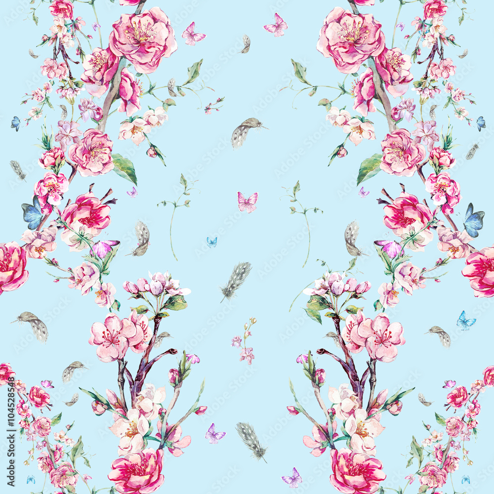 Watercolor seamless background with pink blooming branches Watercolor seamless background with pink blooming branches
