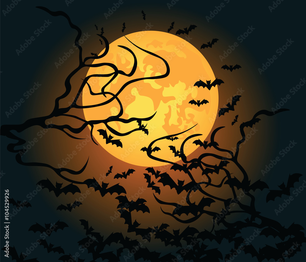Halloween background with night moon, sky and bats. Vector