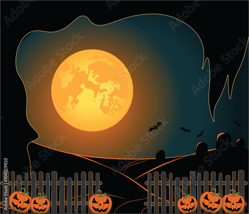 Halloween background with night moon, sky and bats. Vector