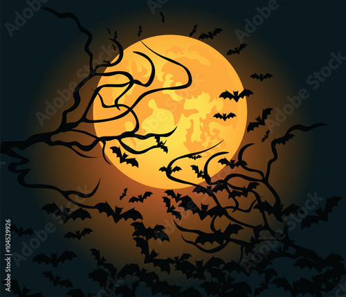 Halloween background with night moon, sky and bats. Vector