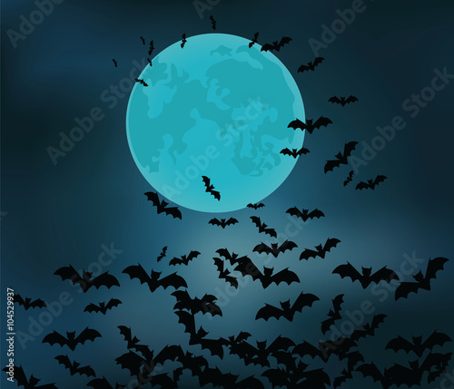 Halloween background with night moon, sky and bats. Vector