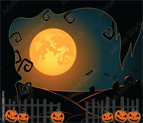 Halloween background with shinny night moon, pumpkins and trees. Vector
