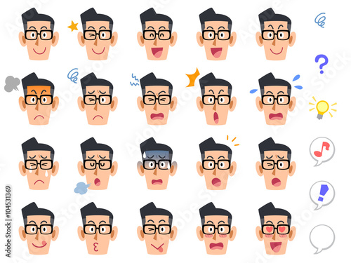 眼鏡をかけた男性の20種類の表情