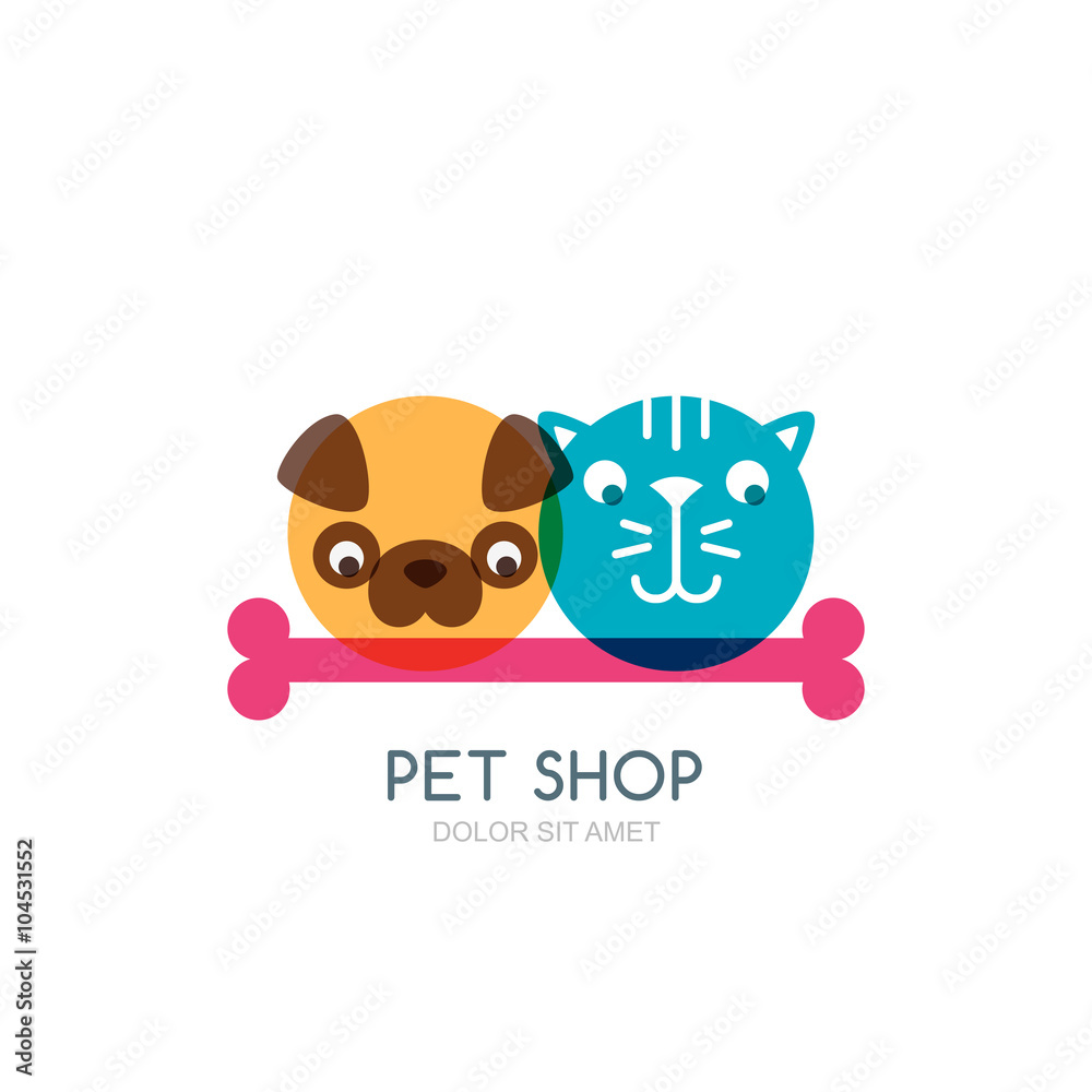 Colorful flat illustration of dog, cat and bone. Vector logo, icon, label design template. Trendy concept for pet shop, pets care and grooming, veterinary. Colorful flat illustration of dog, cat and bone. Vector logo, icon, label design template. Trendy concept for pet shop, pets care and grooming, veterinary.