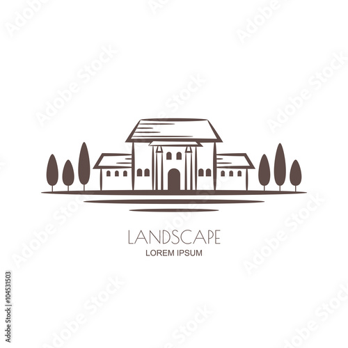 Tuscany landscape, villa and vineyard fields. Vector sketch illustration of rural landscape. 