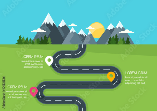 Road with markers, vector infographics template. Winding road in green field and mountains. Rural street flat style illustration. Summer or spring landscape background with space for text.  © Betelgejze