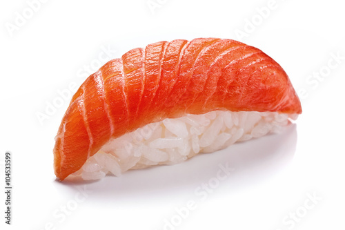 Smoked salmon sushi isolated on white