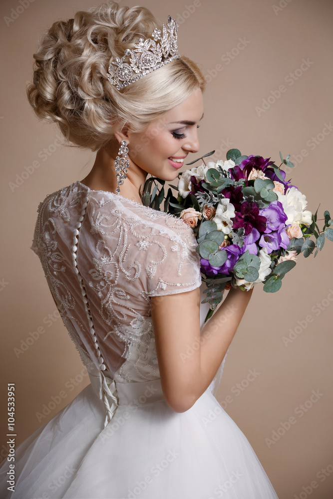 gorgeous bride with crown jewelry , girl in wedding dress fashion model gorgeous bride with crown jewelry , girl in wedding dress fashion model