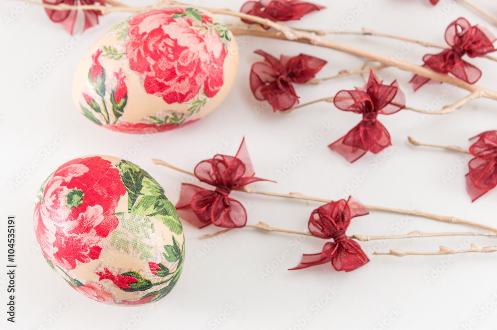 Decoupage Easter eggs and small ribbons Decoupage Easter eggs and small ribbons