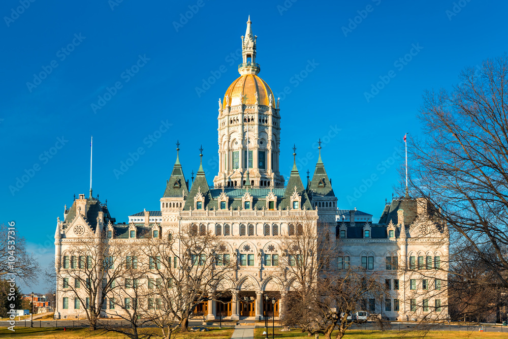 Connecticut State Capitol on a sunny afternoon.  The building houses the State Senate, the House of Representatives and the office of the Governor