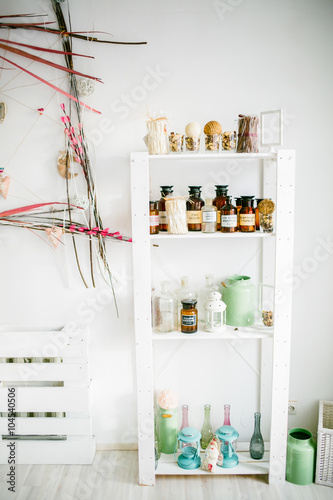 Wooden shelf with decorative elements © 279photo