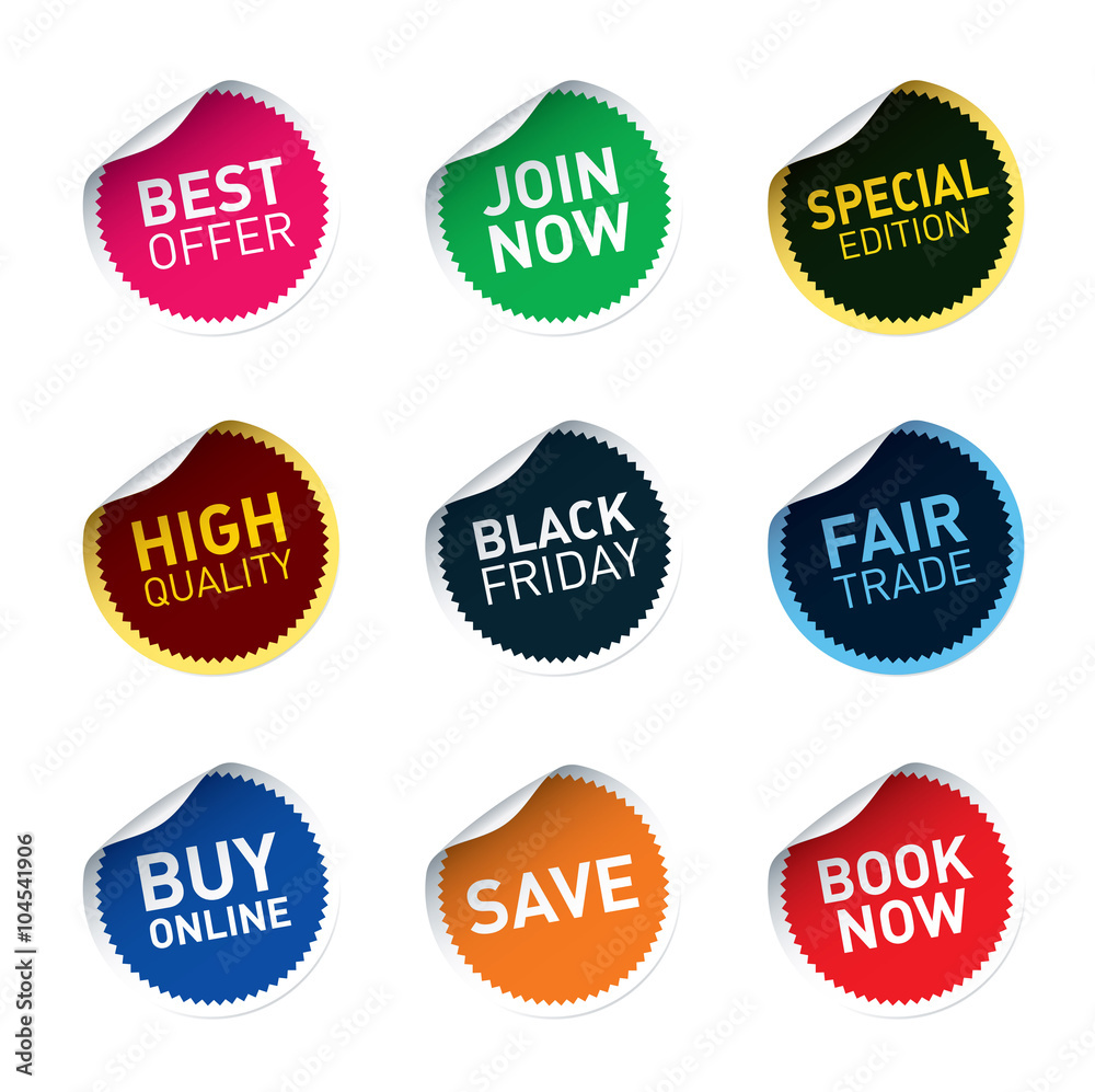 Color vector stickers SAVE, FAIR TRADE, JOIN NOW, BEST OFFER