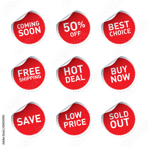 Red vector stickers and text Hot Deal, Buy Now, Best Choice, Sav
