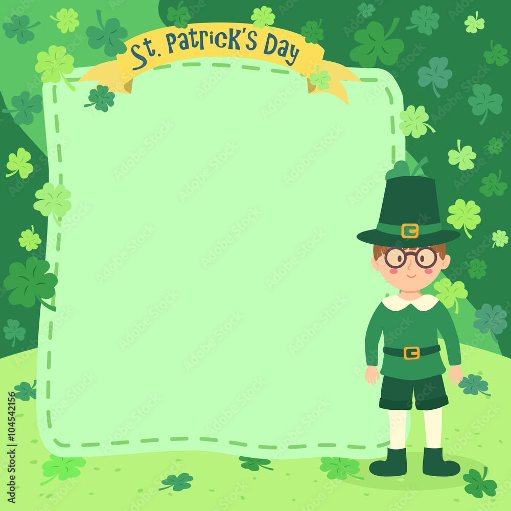 Vector illustration of St. Patrick's Day greeting card banner notes with a boy in green clover background.