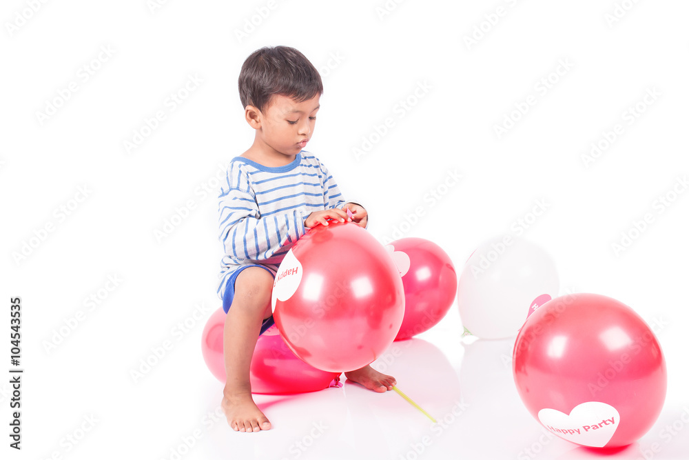 happy cute little boy play with red balloon happy cute little boy play with red balloon