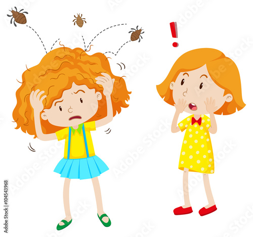 Girl with head lice jumping in her head