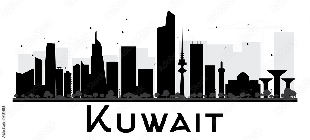 Kuwait City skyline black and white silhouette.