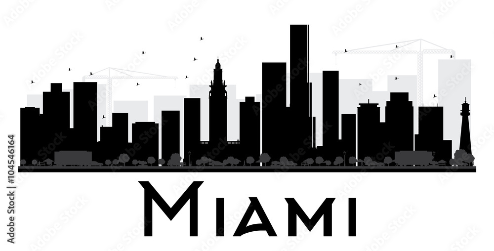 Miami City skyline black and white silhouette.