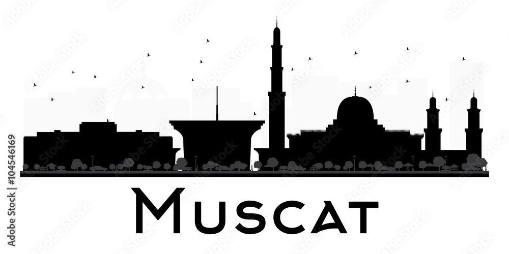 Muscat City skyline black and white silhouette.