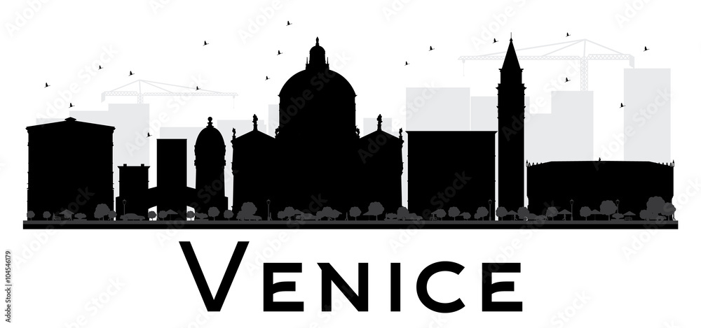 Venice City skyline black and white silhouette.