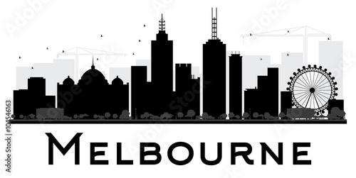 Melbourne City skyline black and white silhouette.
