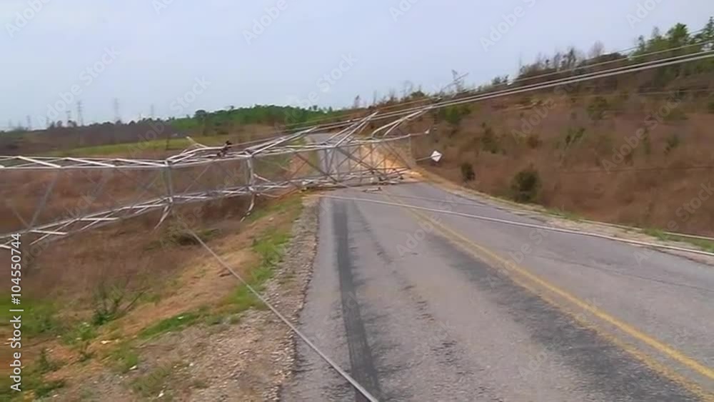 Power lines are down following a large weather event.