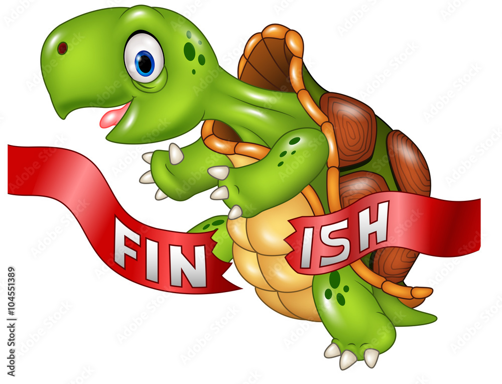 Fototapeta premium Cartoon turtle wins by crossing the finish line