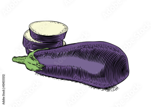 Raw whole and sliced eggplant