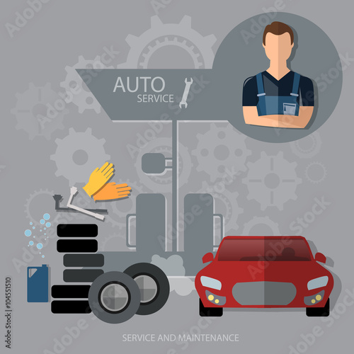 Auto service concept car diagnostics tire oil change