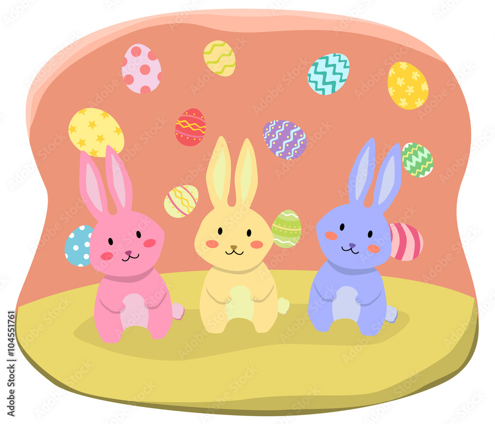 Three Easter Rabbit with colorful easter eggs background. Three Easter Rabbit with colorful easter eggs background.