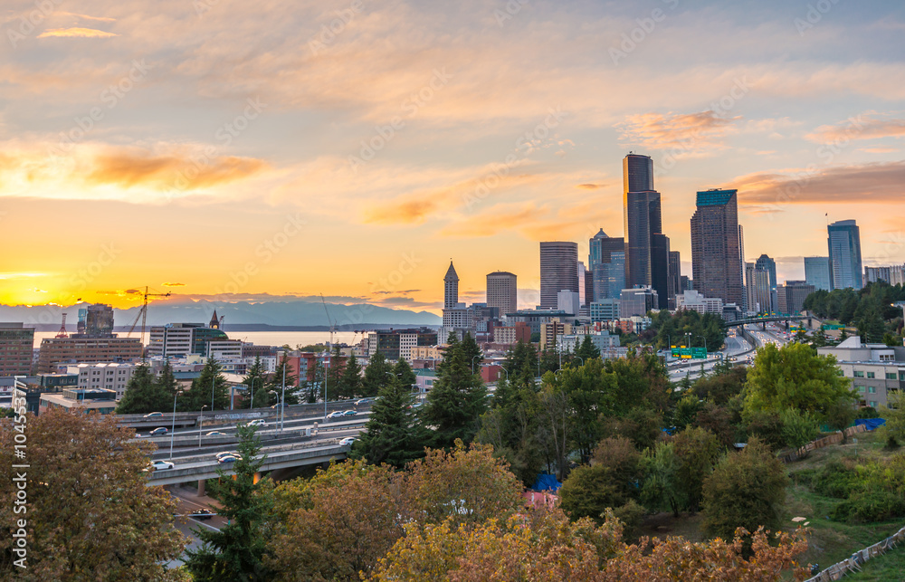 Seattle skylines and Interstate freeways converge with Elliott Bay,Seattle,Washington,usa.