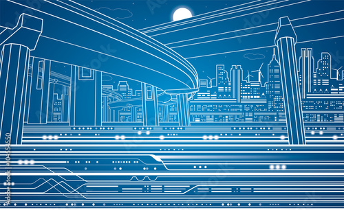 Illustration of the night town, the infrastructure of a modern city, urban transport and metro, vector illustration, art and design