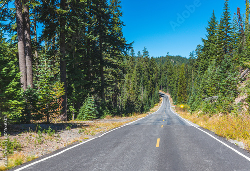 scenic view of the road with forest and with mountain backgroun