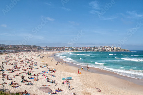 Bondi Beach, Sydney, Australia - OCT 22, 2012: Tourists and swimmers relaxing on the beach in summer at Bondi Beach © pookrook